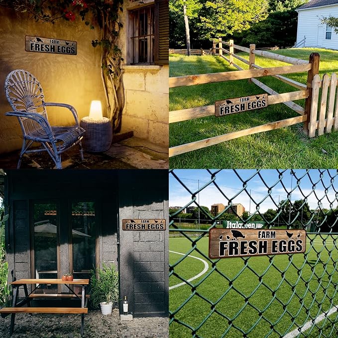 'Farm Fresh Eggs' Retro Vintage Metal Tin Bar Sign, Decorative Wall Art Signage, Primitive Farmhouse Country Kitchen Home Décor, 16" x 4"