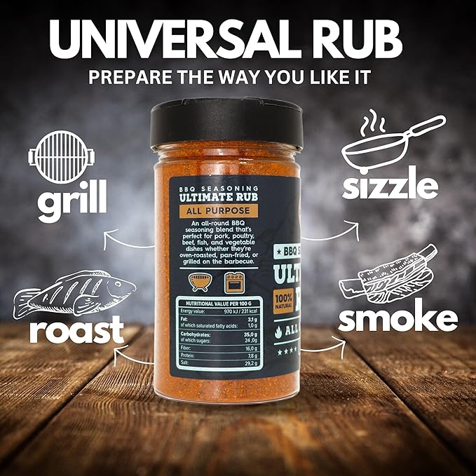 Ultimate Rub BBQ All Purpose Seasoning - 100% Natural and Universal Seasoning - Flavourful All-Round Blend of Spices for Amazing Beef, Pork, Poultry, Vegetable BBQ Dishes - Large Jar (230g)
