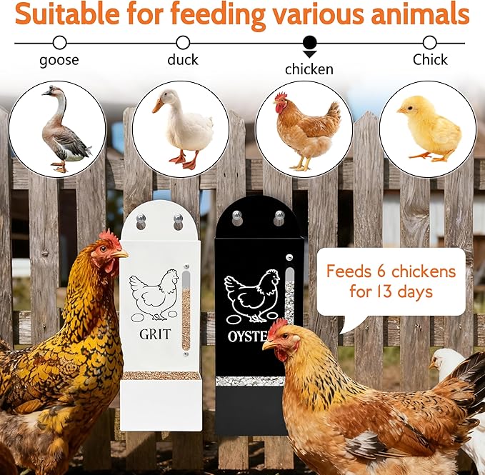 2Pack Chicken Grit and Oyster Shell Feeder, Poultry Feeder with Visual Window, No-Mess Weatherproof, Metal Hanging Gravity Chicken Feeder, Chicken Coop Accessories (Combo-Black/White)