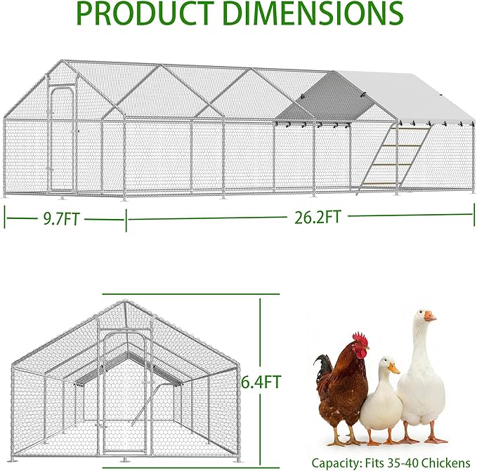 Large Metal Chicken Coop with Roosting Perch, Waterproof and UV Protection Cover, Chicken Run Outdoor Walk-in Cage Chicken Rabbit Duck Hen House for Yard Farm Use Spire Roof (10’ W x 26.2’ L x 6.4’ H)