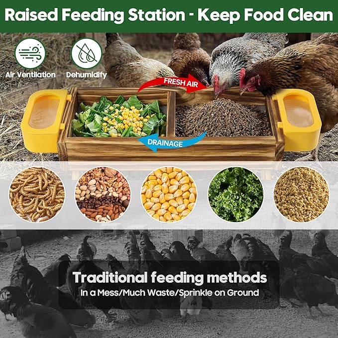 UUMENHA Carbonized Wooden Chicken Picnic Table Feeder with 2 Water Dispensers - No Waste Poultry Feeder, Easy to Clean & Fill, Suitable for Backyard Poultry/Squirrels, chicken Coop Accessories & Decor