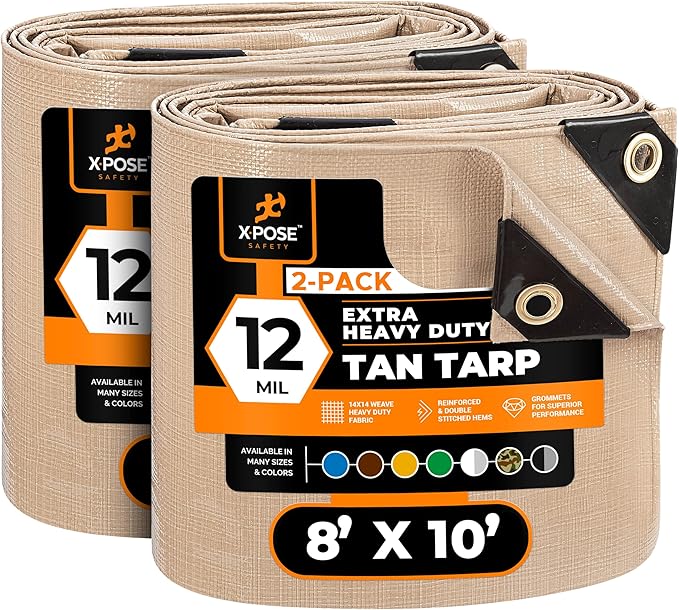 Heavy Duty Tan Poly Tarp 8' X 10' (2-Pack) - Multipurpose Protective Cover - Durable, Waterproof, Weather Proof, Rip and Tear Resistant - Extra Thick 12 Mil Polyethylene - by Xpose Safety
