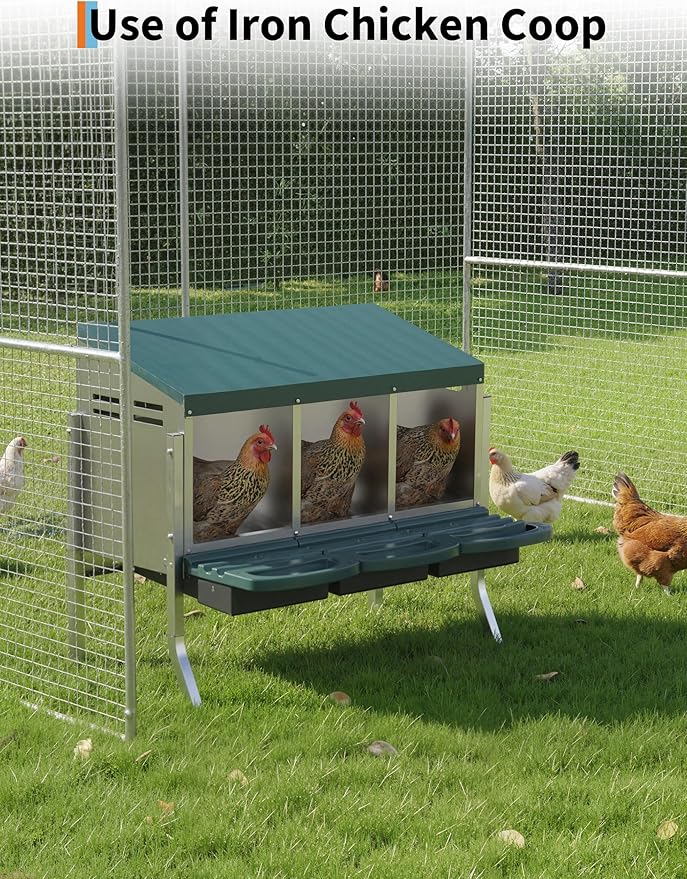Chicken Nesting Box 3 Hole, Galvanized Steel Nest with Roll Away Egg Collection & Swing Perch, Easy-Clean Laying Box for Hens, Heavy Duty Design for Chicken Coop