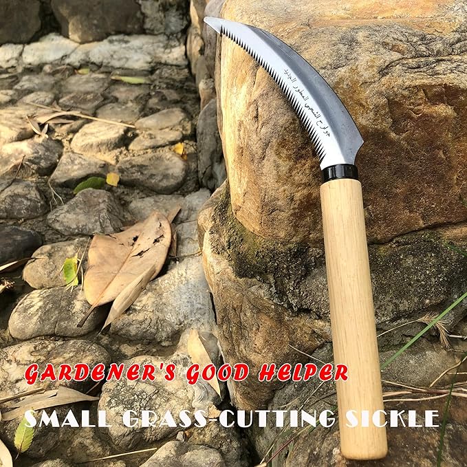 SHANFEEK Grass Sickle with Sawtooth Japanese Weeding Hoe Weeding Tools for Garden High Toughness Stainless Steel with Hard Solid Wood Handle(Beige)