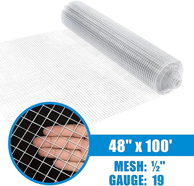 Fencer Wire 19 Gauge Hardware Cloth Metal Wire Mesh 1/2" x 1/2", Galvanized Welded Cage Wire Poultry Netting Square Chicken Snake Fencing Gopher Fence (4 ft. x 100 ft.)
