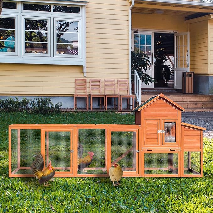122" Large Chicken Coop with Run, Outdoor Wooden Chicken House with Secure Lock, Sliding Tray and Asphalt Roof, Poultry Cage with Nesting Box for Chickens, Ducks, Small Animals, Natural