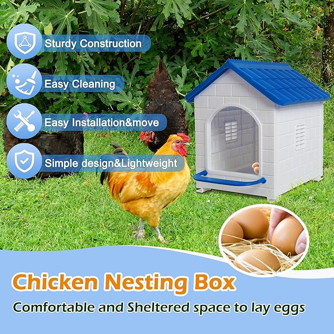 HiCaptain Chicken Nesting Box, Plastic Compartment Chicken Nesting Boxes for Chickens Coop for Laying Eggs for Hens, Ducks and Poultry with Chick Nesting Pads, Blue