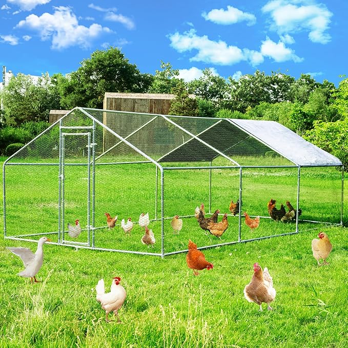 Large Metal Chicken Coop, Chicken Runs for Yard with Cover Walk-in Poultry Cage for 10 20 Chickens, Chicken Pen Duck Coop Hen House with Water-Resident Top and Feeding Door 19.2Lx9.84Wx6.6H FT