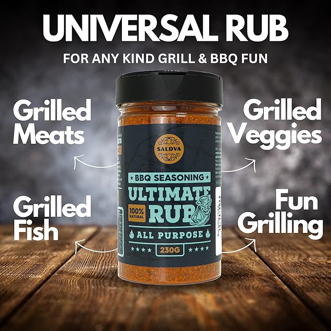 Ultimate Rub BBQ All Purpose Seasoning - 100% Natural and Universal Seasoning - Flavourful All-Round Blend of Spices for Amazing Beef, Pork, Poultry, Vegetable BBQ Dishes - Large Jar (230g)