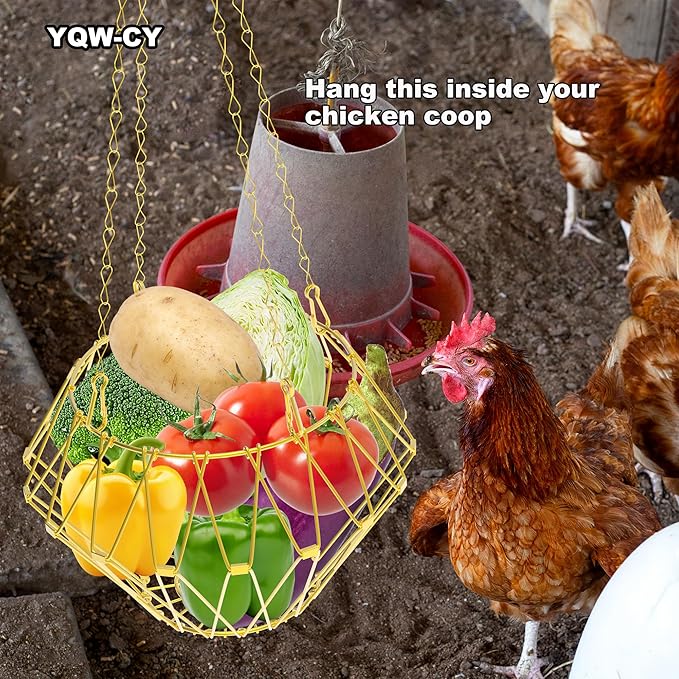Hanging Chicken Feeder, Foldable Chicken Vegetable Feeder, Golden Poultry Fruits Feeding Holder Basket with Hanging Chain, Veggie Treat Ball Toys Cage for Chicken Hen Coop Accessories