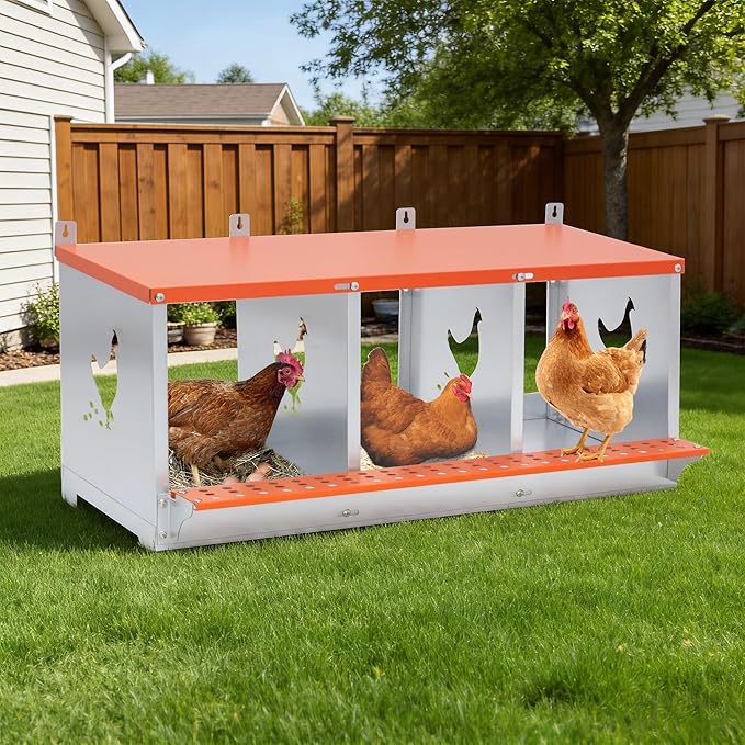 Chicken Nesting Boxes, 3 Hole Metal Chicken Egg Laying Box with Chicken Nesting Pads and Roll Away Egg Collection Easy Egg Collection for Chicken Coop, Backyard, Farms Orange Backyard, Farms Orange