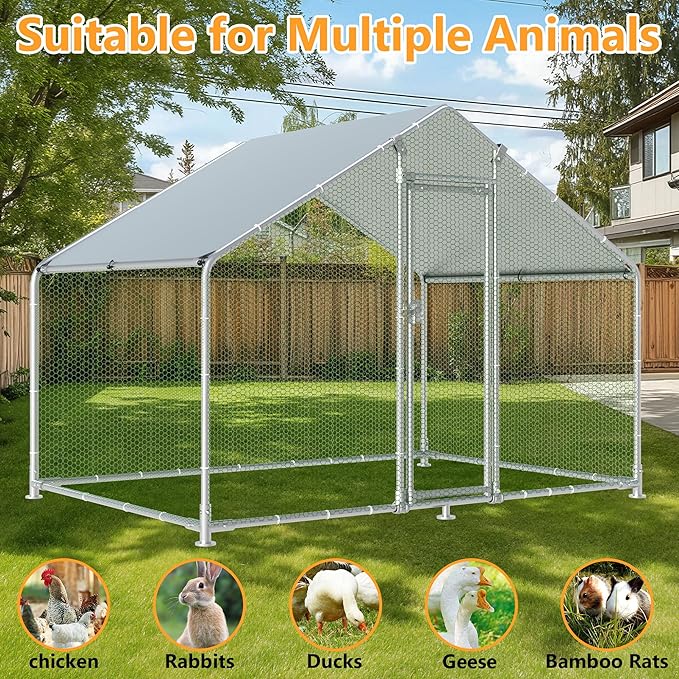 HITTITE Large Metal Chicken Coop with Run, 9.84 x 6.4 x 6.56 ft Walk in Poultry Cage Chicken Run Pen, Outdoor Chicken Runs for Yard with Waterproof & Anti-UV Cover