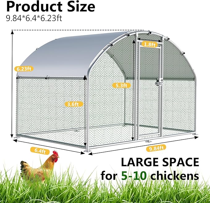 HITTITE Large Metal Chicken Coop with Run, 9.84 x 6.4 x 6.23 ft Walk in Poultry Cage Chicken Run Pen, Dome Roof Outdoor Chicken Runs for Yard with Waterproof & Anti-UV Cover