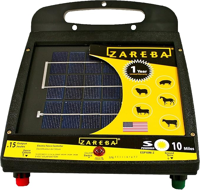 Zareba Solar Powered Electric Fence Charger - ESP10M-Z - 10 Mile Solar Powered Electric Fence Energizer, Low Impedance, Contain Animals and Keep Out Predators