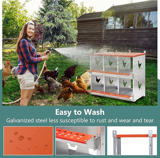 Nesting Boxes for Chickens with Chicken Nesting Pads, 6 Compartment Roll Away Nesting Boxes Chicken, Heavy-Duty Galvanized Steel Rustproof Design Wall Mountable Laying Boxes for Hens, Ducks, Birds