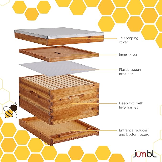 Jumbl 30 Pcs. Beekeeping Starter Set, 10-Frame Sheets White Painted Beehive for Beginners and Professionals, Comprehensive Tool Set, Introduction Booklet, 20 Bees-Wax Sheets for Candle Making