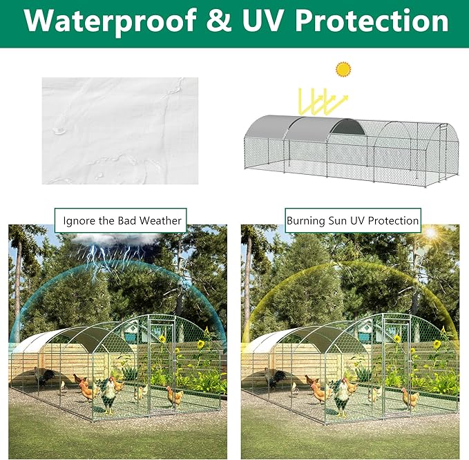 OUYESSIR Outdoor Metal Chicken Coop, Large Walk-in Chicken Run Pen with Waterproof Cover, Rabbit Habitat Dome Roof Poultry Cage for Backyard Farm Use (10'W x 26'L x 6.56'H)