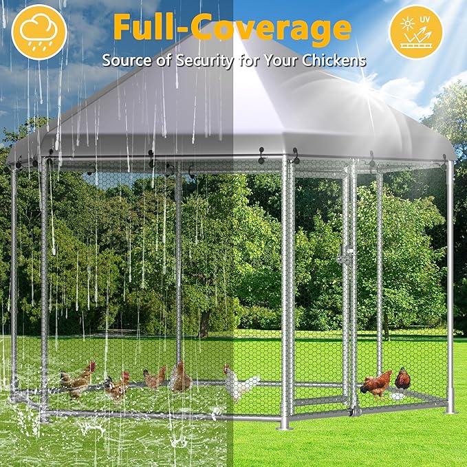 HITTITE Large Metal Chicken Coop with Run, 13.2 x 11.4 x 8.6 ft Walk in Poultry Cage Chicken Run Pen, Hexagonal Roof Outdoor Chicken Runs for Yard with Waterproof & Anti-UV Cover