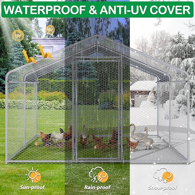 Large Metal Chicken Coop, Walk-in Chicken Run Pen with Waterproof Cover, Spire Roof Poultry Cage Run for Outdoors, Backyard, Farm(9.7'Wx12.99'Lx6.4'H)