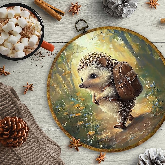 CUANFDDSF Nature Forest Hedgehog Round Wall Art, Cute Jungle Animal Framed Hanging Wall Decor, Cottagecore Forest Animal Canvas Prints Decorations for Home Bedroom Living Room, 10x10 Inch