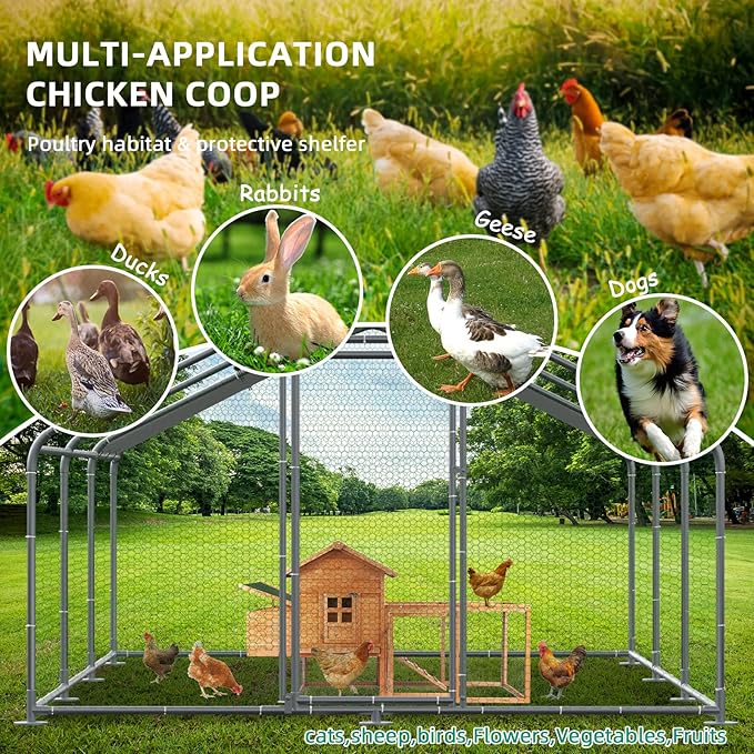 VIVIJASON Outdoor Metal Chicken Coop Large Walk-in Poultry Cage Hen Run House Rabbits Habitat Cages Spire Shaped Coop with Waterproof and Anti-UV Cover for Yard Farm (19.68' L x 9.84' W x 6.56' H)