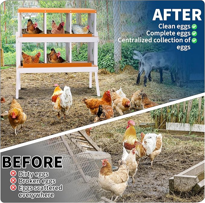 Chicken Nesting Boxes, 6-Hole Roll Away Nest Box for Chicken Coop, Metal Egg Laying Box with Perch & Lid Cover to Protect Eggs, Rollout Egg Collection, Vented Holes- with Legs Orange
