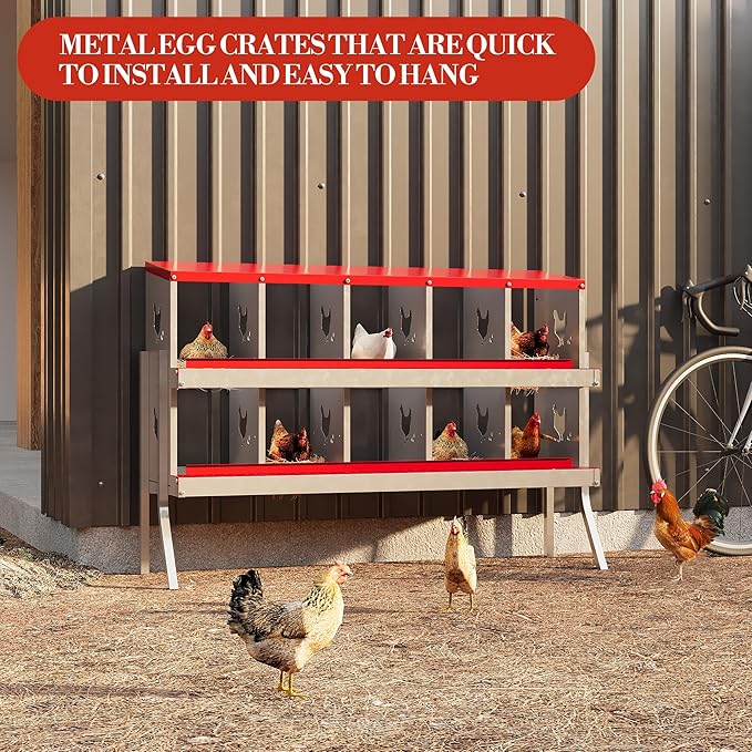 Heavy Duty 10 Compartment Metal Chicken Nesting Box – Roll Away Egg Tray, Rustproof Ventilated Laying Box, Easy-Clean Egg System – Red, 10 Grids (Without Bracket)