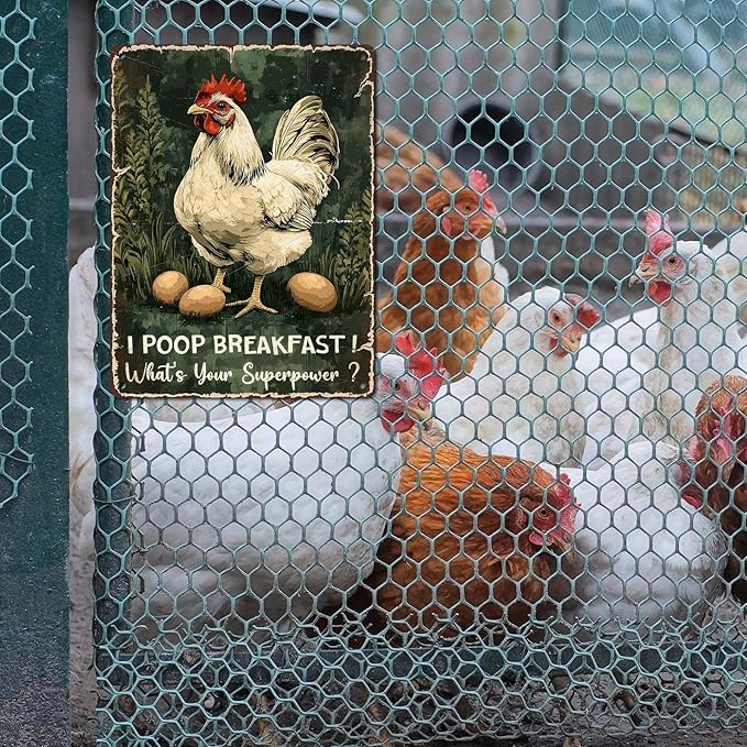 Vintage Chicken Tin Sign I Poop Breakfast Whats Your Superpower Retro Coop Wall Decor Nostalgic Art Funny Rustic Metal Poster Outdoor Store Cafe Poultry House Pubs Farm Farmhouse 12 * 16inch