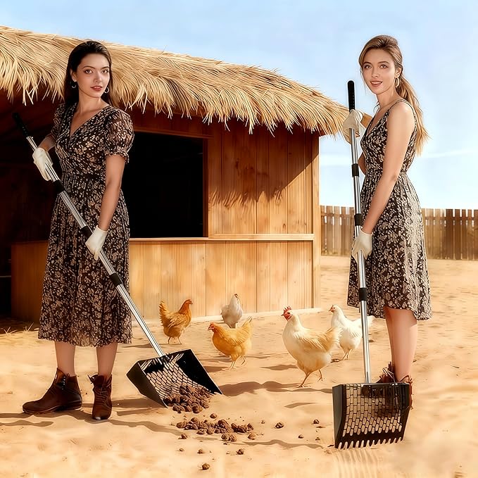 3-in-1 Chicken Poop Scooper & Sifting Shovel, 304 Stainless Steel Handle & Rake, Suitable for Sand, Chicken Coop & Livestock Farm Feces Cleaning, Litter Sifting Shovel (Feces Sifter), 35-62"