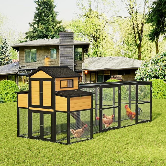 Large Wooden Chicken Coop Outdoor Hen House with Nesting Box，Walk-in Poultry Cage with Secure Locks, Metal Mesh Run for Backyard Farm Use (Black 150")