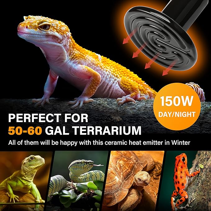 HealSmart Reptile Heat Lamp 150W Ceramic Heat Emitter, No Light Emitting Heat Bulbs for Amphibian Pet Brooder Coop Incubating Chicken, Lizard Bearded Dragon Turtle Snake Terrarium, 4-Pack