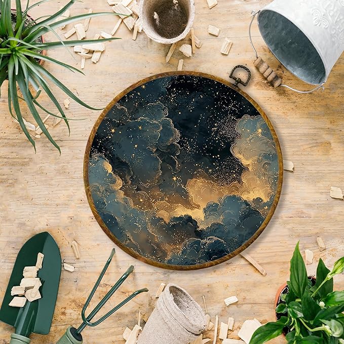 Hiuwevt Vintage Moody Gothic Celestial Round Wall Art Decor, Dark Academia Framed Canvas Prints, Blue Gold Starry Night Sky Round Wall Hanging Decor for Bedroom Home Decorations, 10x10 Inches