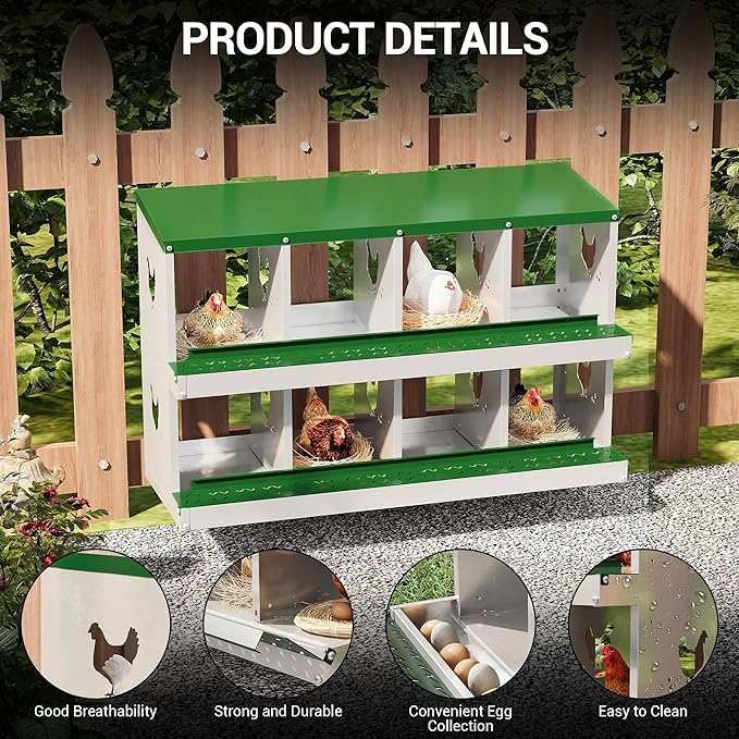 8 Hole Chicken Nesting Box, Galvanized Steel Nesting Boxes with Vented Design, Laying Nesting Boxes for Hens, Wall Mount, Green