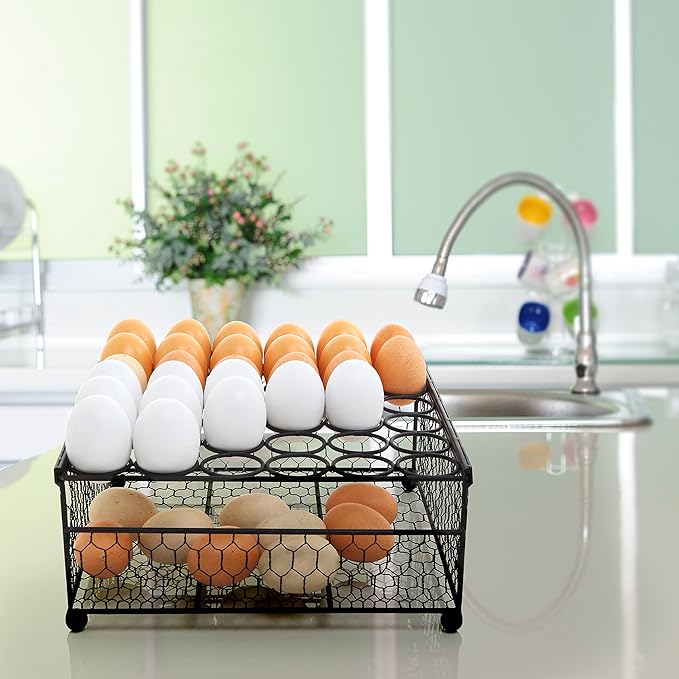 MyGift 2 Tier Black Metal Chicken Wire 36 Egg Display Tray with Bottom Storage Compartment for Fresh Eggs, Country Rustic Farm Egg Basket Container Box
