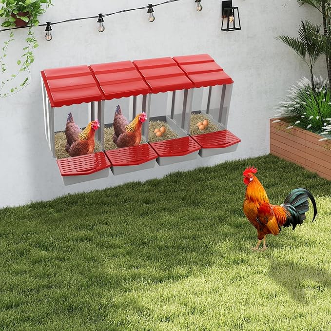 Chicken Nesting Boxes 4 Compartment PP Nesting Box with Inclined Nesting Boxes & Vented Holes Wall Mount Chicken Laying Boxes for Chicken Coop (Red)