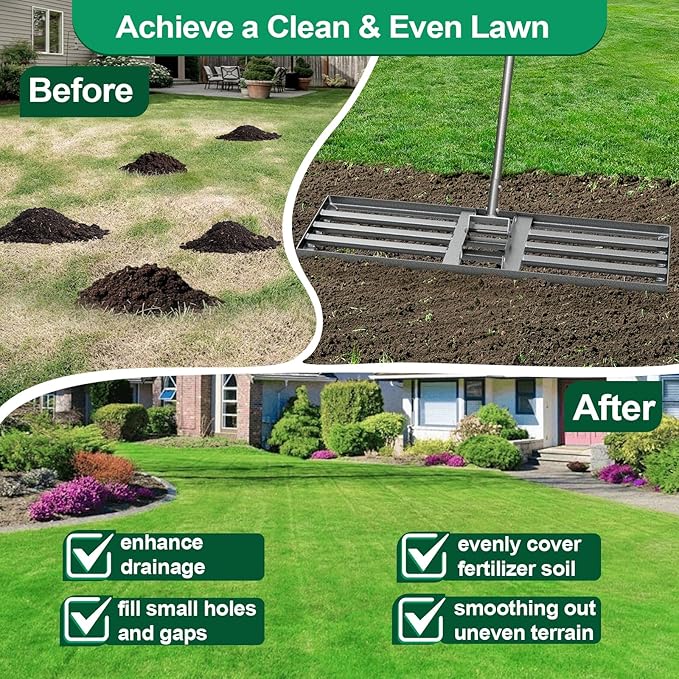 Lawn Leveling Rake, 36"x10" Heavy Duty Leveling Rake for Soil, Sand, Compost, Gravel, Steel Lawn Leveler with Adjustable Handle, Level Yard Tool for Backyard, Garden, Farm, Golf Course