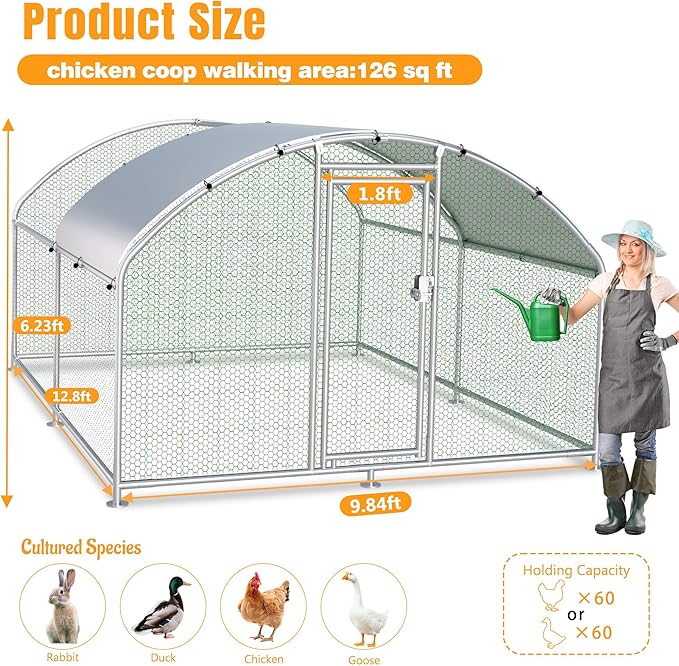 Large Metal Chicken Coop, Chicken Runs for Yard with Cover Walk-in Poultry Cage for 10 20 Chickens, Chicken Pen Duck Coop with Round Water-Resident Top and Feeding Door, Hen House 12.8Lx9.84Wx6.23H FT
