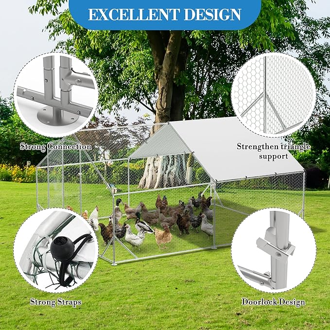 Large Metal Chicken Coop, 13.1'L x 9.8'W x 6.6'H Walk-in Poultry Cage, Chicken Run Pen House with Waterproof & Anti-Ultraviolet Cover Chicken Coop Run for Outdoor Backyard Farm