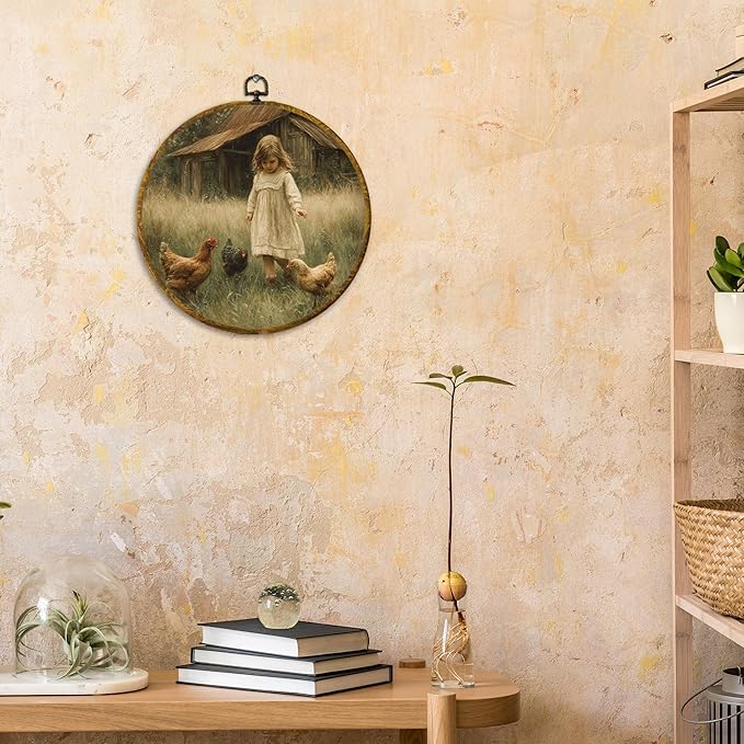 CUANFDDSF Vintage Rustic Farmhouse Round Wall Art, Cottagecore Farm Little Girl Chicken Framed Hanging Wall Decor, Country Canvas Prints Decorations for Home Bedroom Living Room, 10x10 Inch