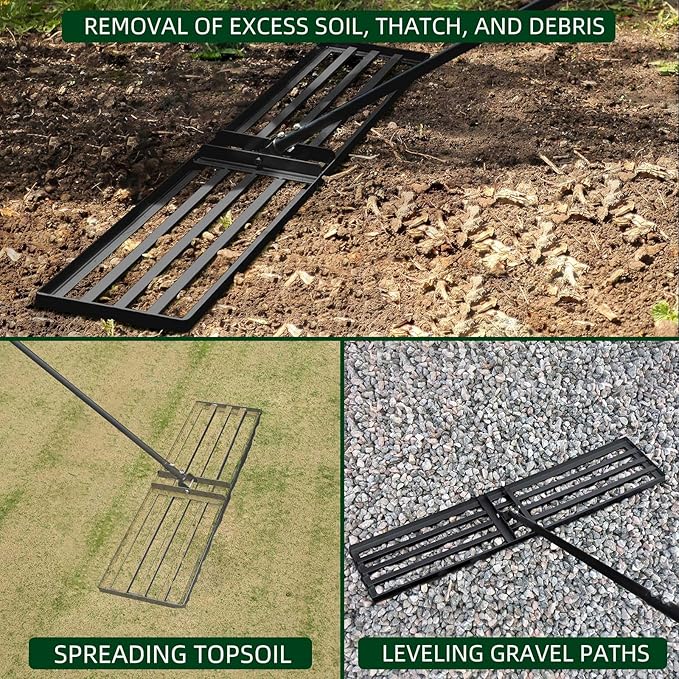 Professional Lawn Leveling Rake, 45x10inch Heavy Duty Lawn Lute & Lawn Leveller with Stainless Steel Pole, for Effortless Leveling on Garden, Golf Course, Farm, Backyard
