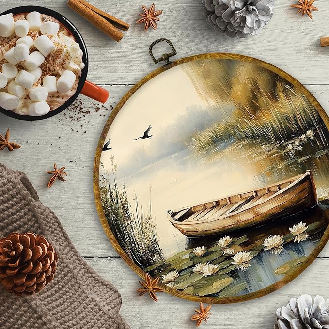 CUANFDDSF Vintage Rustic Farmhouse Round Wall Art, Nature Rowboat on Pond Framed Hanging Wall Decor, Cottagecore Lakeside Landscape Canvas Prints Decorations for Home Bedroom Living Room, 10x10 Inch