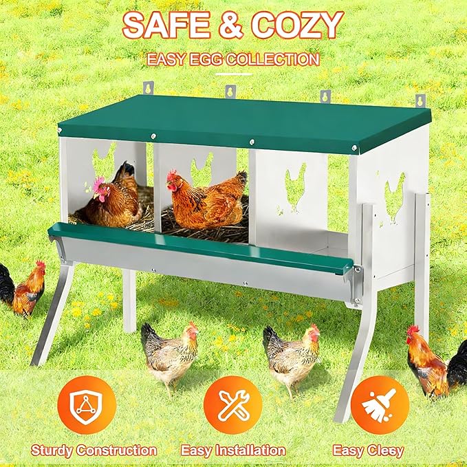 Chicken Nesting Box 3 Compartment with Legs 10 Pet Moisture Pads and 4 Fake Eggs Roll Away Egg Collection, Perch, Lid Cover for Egg Protection - Wall Mount Nest Box for Chickens, Hens, Ducks