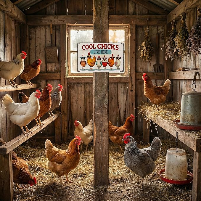 Funnysign Chicken Decor Cool Chicks Live Here Vintage Tin Sign for Chicken Coop Farm Kitchen Garden Yard Decor 8x12 INCH(3832)
