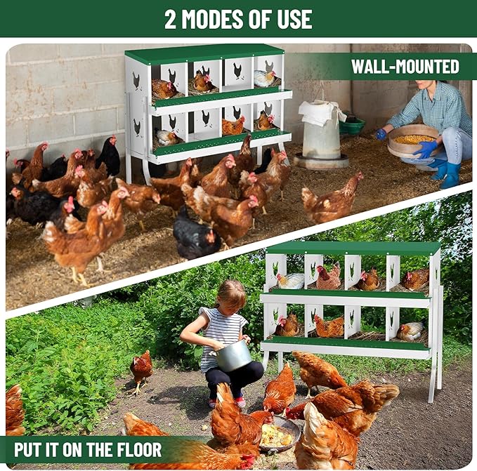 Chicken Nesting Boxes,8 Compartments Galvanized Steel Metal Laying Boxes with Leg,Pull-Out Egg Box Easy Egg Collection & Clean,Wall Mount Suitable for Farm Chicken House,Green