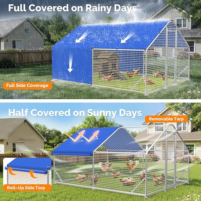 Large Metal Chicken Coop with Galvanized Hardware Cloth, Chicken Coop Run Pen for Yard with Waterproof Cover, Outdoor Large Walk-in Chicken Coops for 20 Chickens Duck Pen House Cage Run