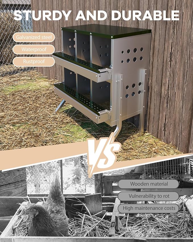 6-Hole Chicken Nesting Boxes,Corrosion-Resistant Metal Nesting Boxes with Egg Collection Tray,Wall Mount/Freestanding Poultry Laying Boxes for Chicken Coops and Hens,Green