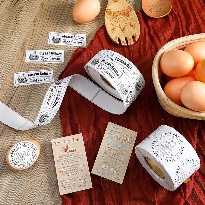 3 in 1 Total 1200pcs Fresh Farm Egg Egg Stickers Set Include 500pcs Farm Fresh Eggs Carton Labels 200pcs Handling Instruction Cards 500pcs Please Return Eggs Carton Labels Stickers