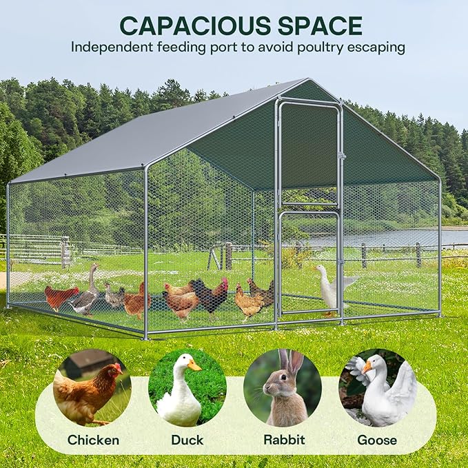 LotFun Metal Chicken Coop, Outdoor Chicken Runs for Yard with Waterproof & Anti-UV Cover, Double Lockable Doors, Outdoor Hen/Duck/Rabbit Runs for 30 Chickens (236.4" L x 117.6" W x 79.2" H)