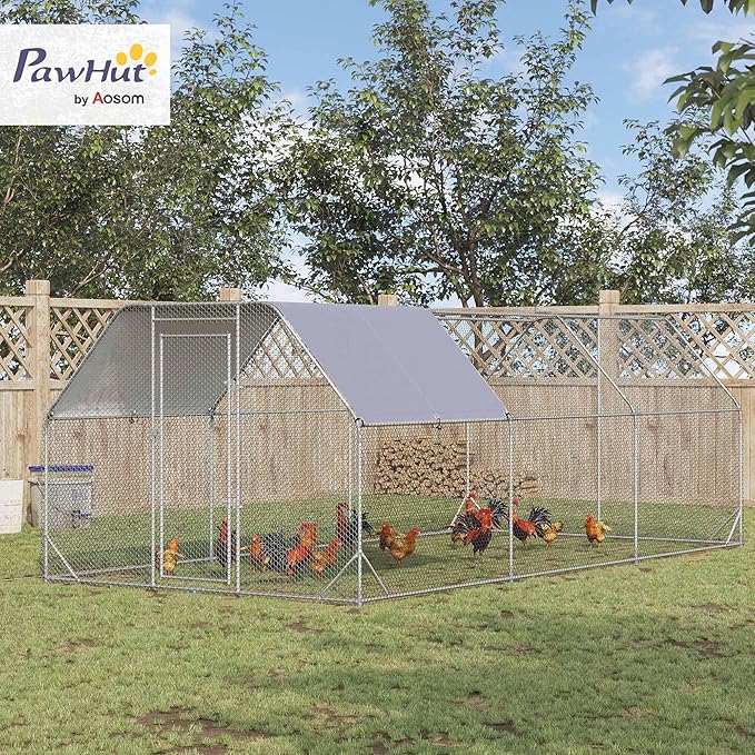 PawHut Large Chicken Coop Metal Chicken Run with Waterproof and Anti-UV Cover, Flat Shaped Walk in Fence Cage Hen House for Outdoor and Yard Farm Use, 1" Tube Diameter, 9.2' x 18.7' x 6.4'