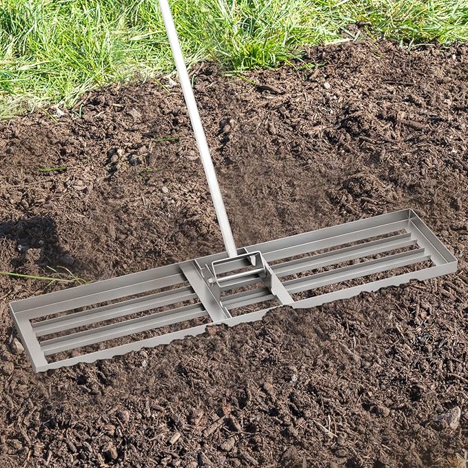 Happygrill Lawn Leveling Rake, Heavy Duty Lawn Level Tool for Soil w/67” Handle, Dirt Ground Leveler, Effort-Saving Landscape Rake for Garden, Backyard, Golf Course, Farm, Pasture (42" x 10", Silver)